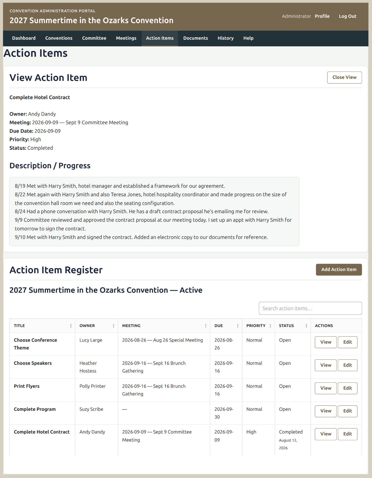 Convention Administration Tools showing an action item and the convention action item register